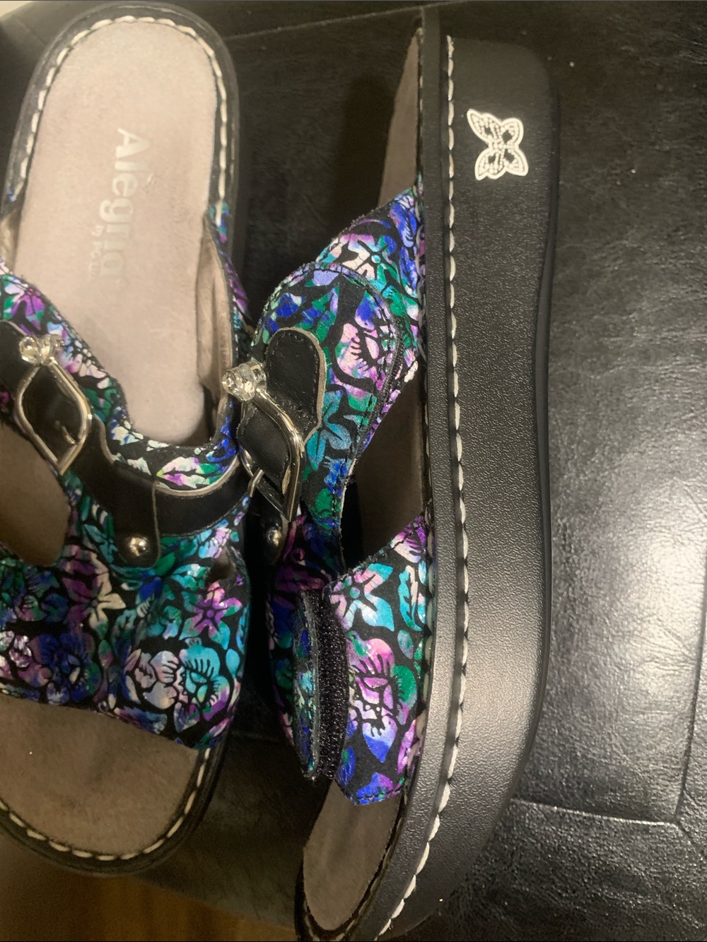 Alegria Floral Buckle Slide Mules in Teal, Purple and Black used one time - Picture 2 of 3